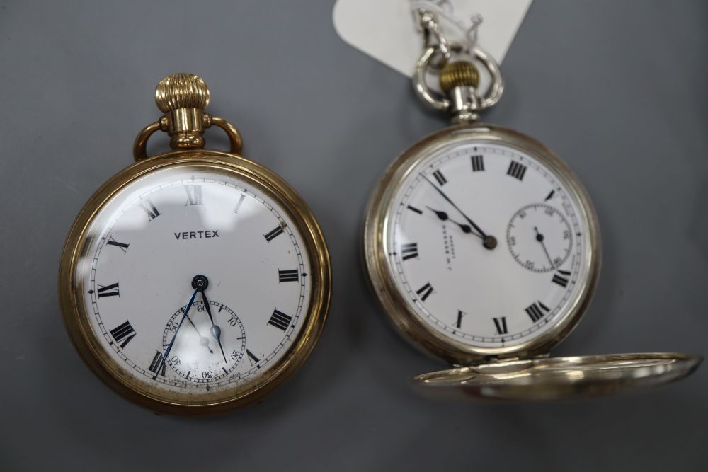 A J.W Benson silver half hunter keyless pocket watch, with albert, a gold plated Vertex pocket watch and two wrist watches.